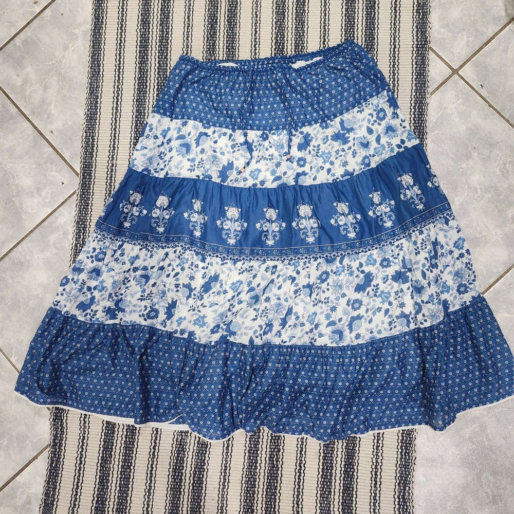 Lauren Ralph Lauren Blue Floral Tiered Cotton Maxi Skirt Boho Lace Trim 1X